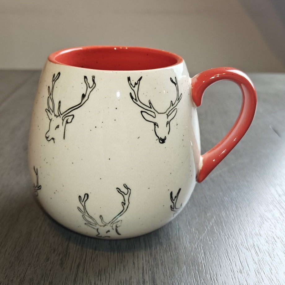 Meritage Red/White Ceramic Deer Coffee Mug Round, MW/DW Safe, Animals Theme