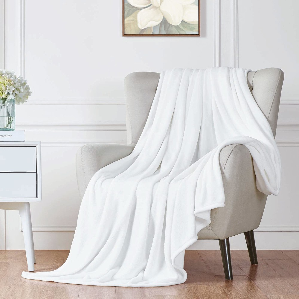 Fleece Blanket Plush Throw Fuzzy Lightweight (Queen Size 90x90 White) Super S...