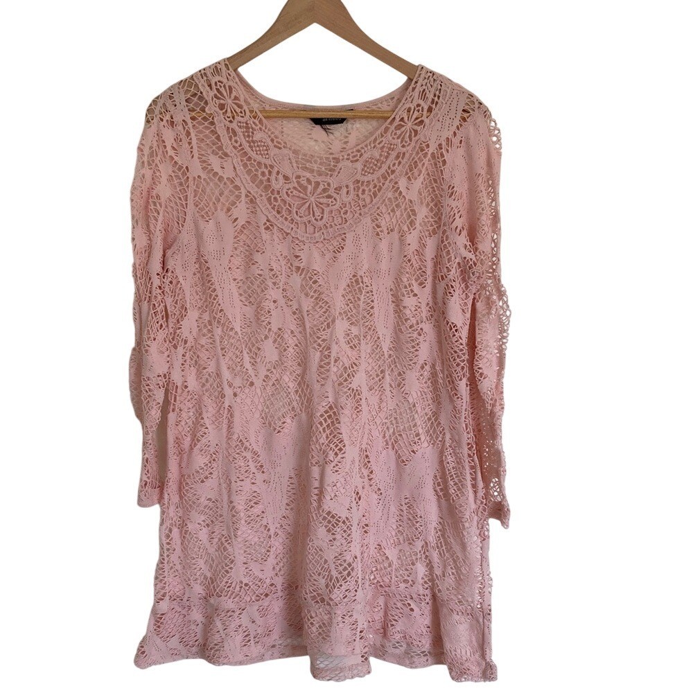 Ali Miles Womens Pink Crochet Lace Tunic Top Size Large Long Sleeve Open Boho