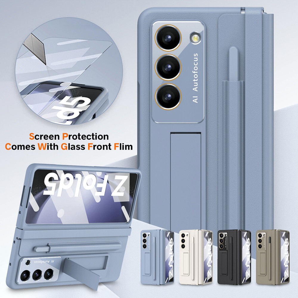 Samsung Galaxy Z Fold 6 5 4 Leather Stand Case with Hinge Screen Protector and Stylus Holder