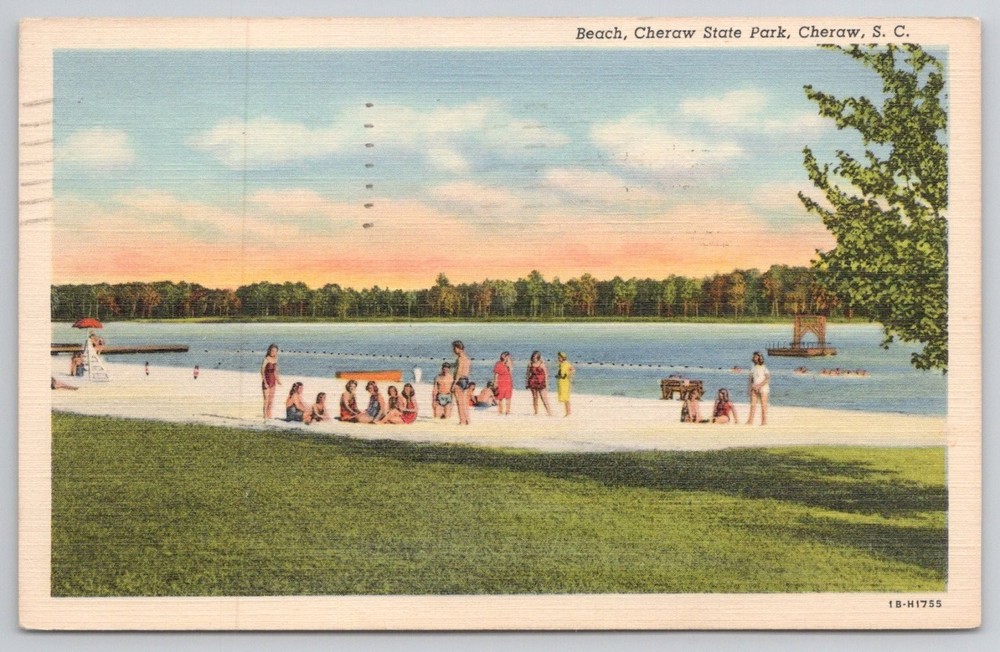 Vintage Cheraw State Park Beach SC Linen Postcard 1947 Lake Scene