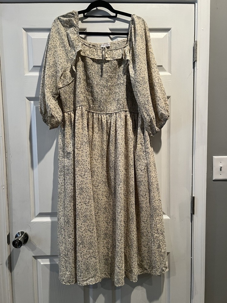 Polagram Midi Dress 2XL Plus Ivory Blue Floral Smocked Puff Sleeve Square Neck