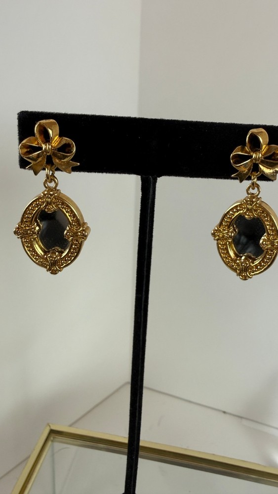 Vintage Avon Gold Tone Bow Mirror Drop Earrings 1990s Signed