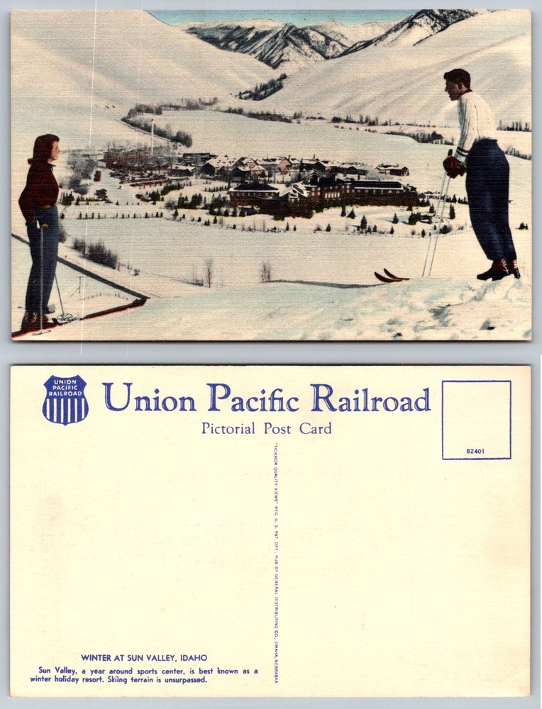 Vintage Linen Postcard Sun Valley Idaho Ski Resort Winter Scene Union Pacific