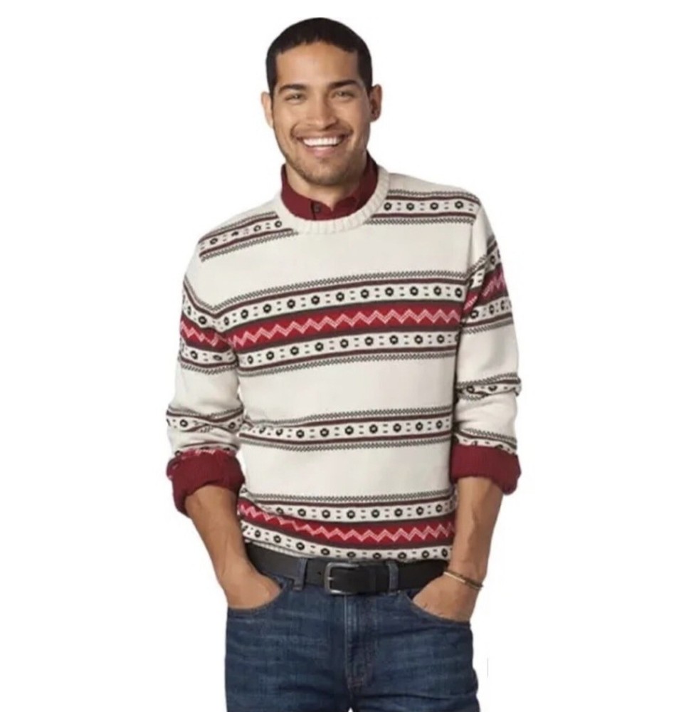 Chaps Logan Christmas Sweater Men’s L Heavy Red Cream Pattern Pullover Crew Neck