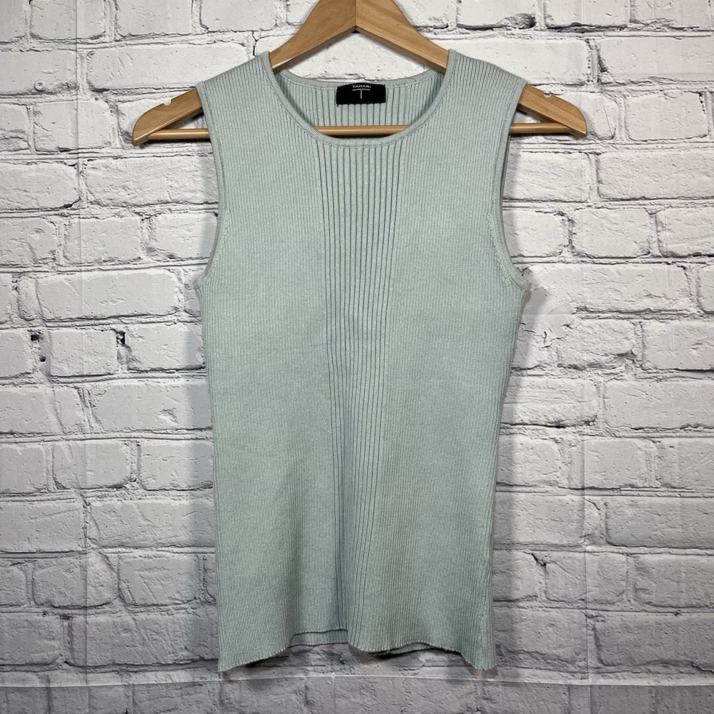 Tahari Round Neck Sleeveless Ribbed Tank Top Womens Size Medium Green Modern