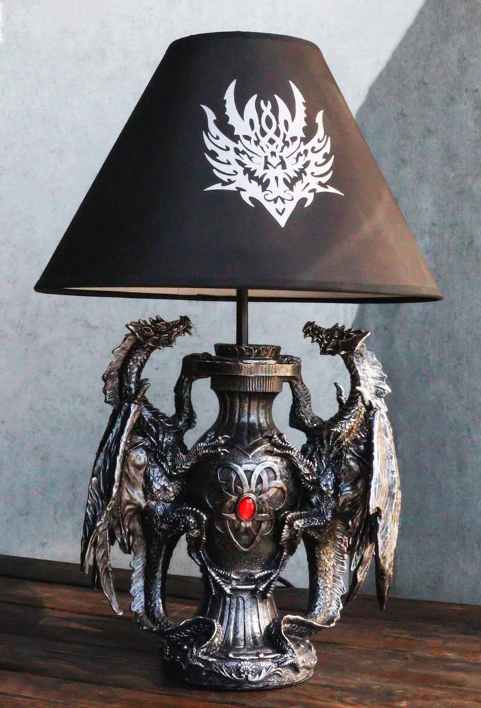 Ebros Dual Gothic Dragon Lamp Statue Desktop Lighting Decor With Shade 14.25