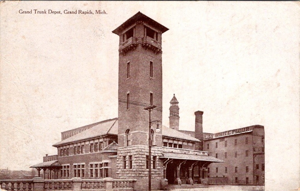 1908, RAILROADS, Grand Trunk Depot, GRAND RAPIDS, Michigan Postcard - Tom Jones