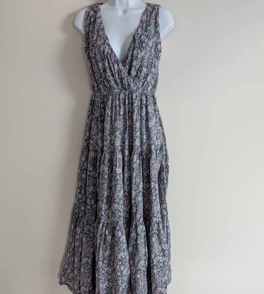 Lucky Brand Maxi Dress Womens Large Floral Cottagecore Coastal Cowgirl Boho Blue