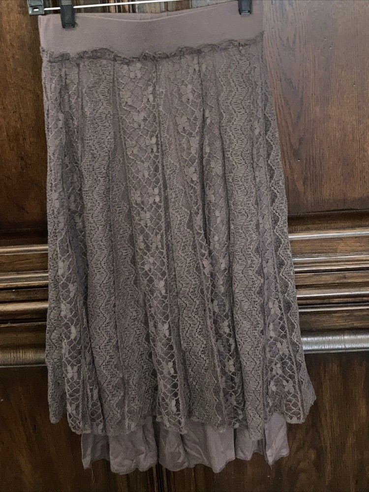 Lapis Brown Layered Lace Midi Skirt Stretch Waistband Peasant Cottage Size Small