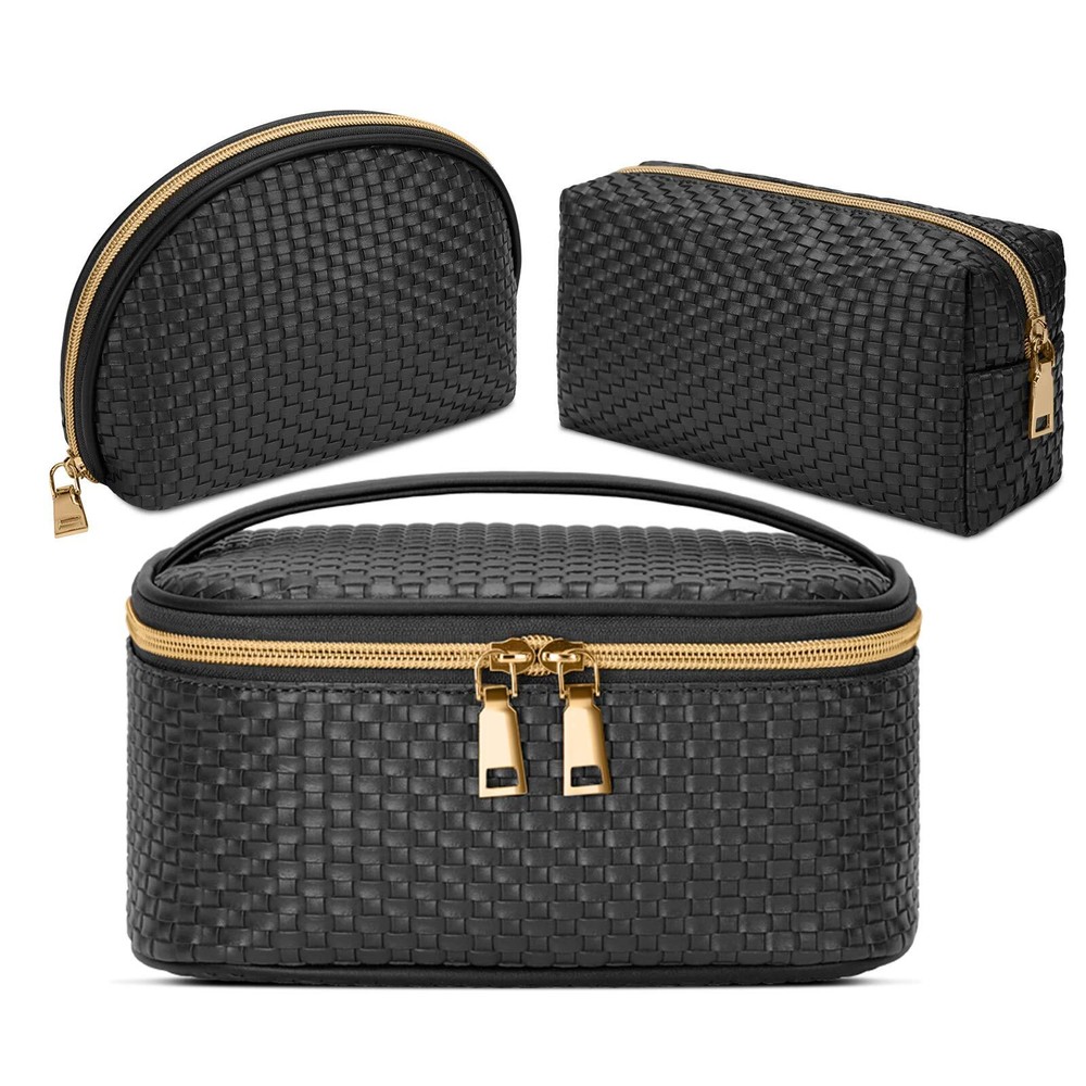 3-Piece Waterproof Travel Makeup Bag Set with Woven Organizer