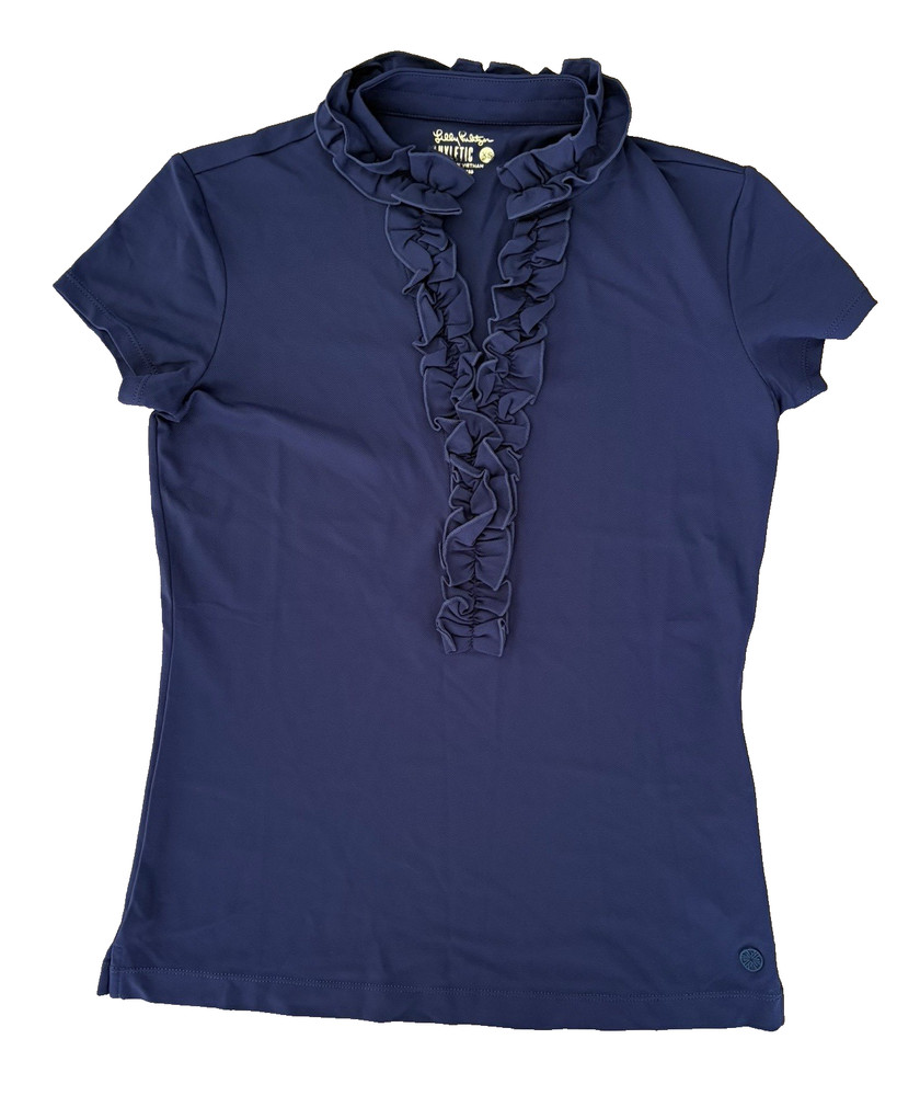 NWT Lilly Pulitzer Luxletic FRIDA RUFFLE POLO SHIRT UPF50+ Navy Size XS