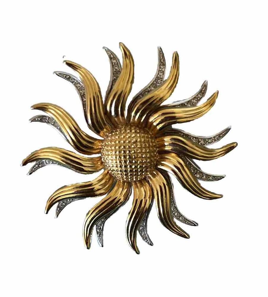 KJL  Sunflower Sunburst Rhinestone Brooch Pendant Kenneth Jay Lane Gold Silver