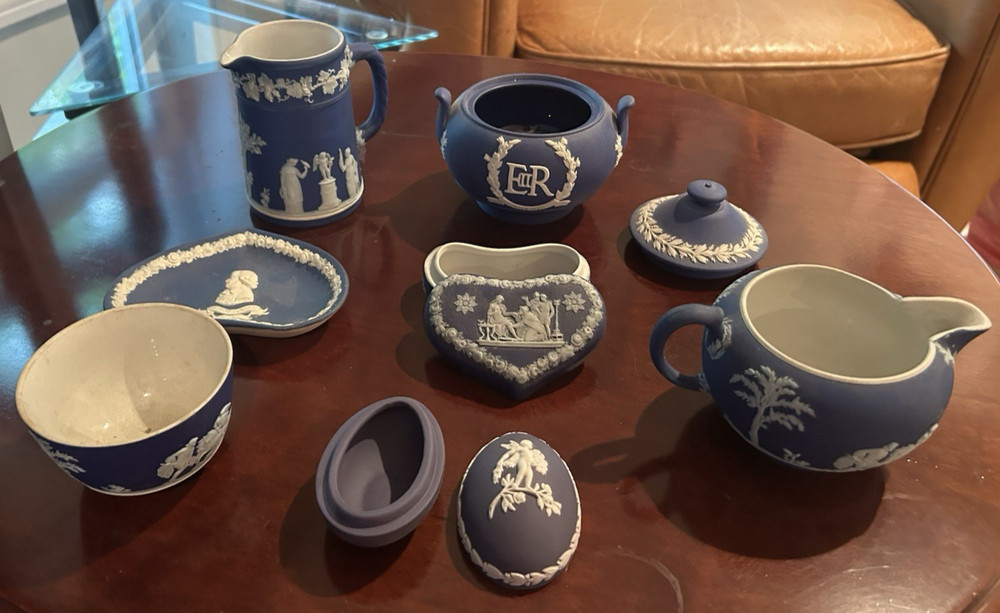 Vtg WEDGWOOD Dark Blue Jasperware Set of 10 Pitchers Boxes Lids Bowls Eggs etc