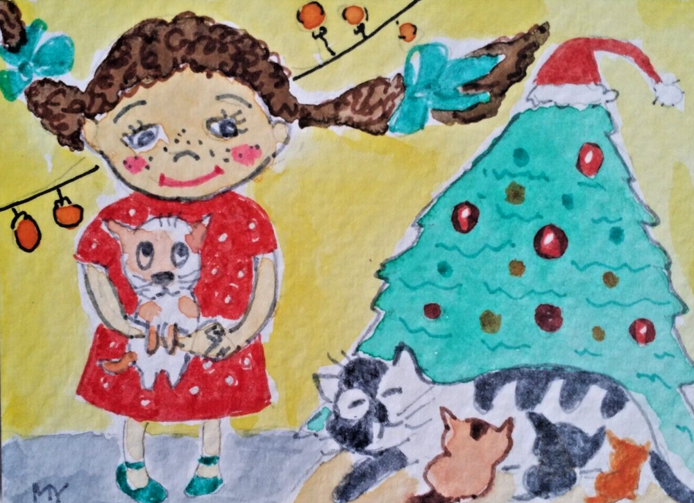 ACEO Original Girl Cats Christmas Tree Watercolor Art Signed 2.5x3.5 by MY