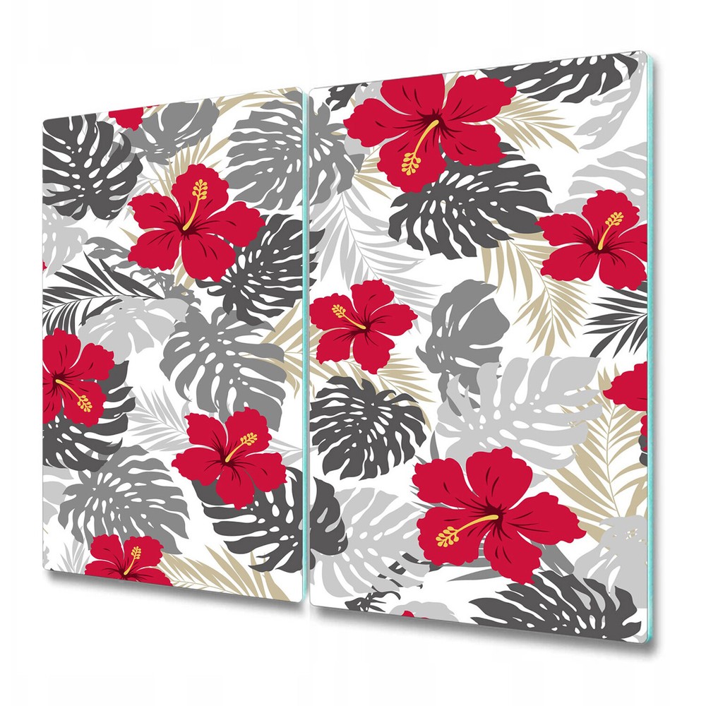 Glass Induction Ceramic Hob Cover Hibiscus Variation Red Floral Watercolour