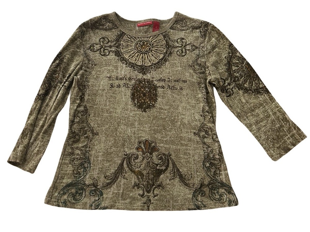 Y2K Gloria Vanderbilt 3/4 Sleeve Shirt Women Sz M Green Allover Print Bejeweled