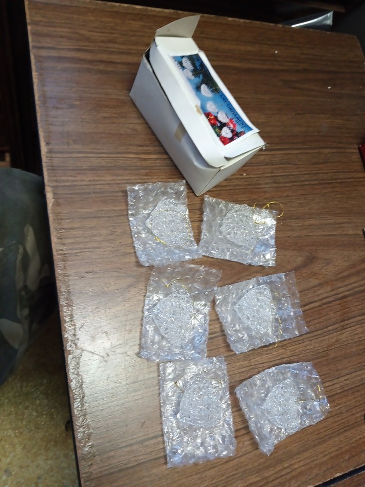 Vintage Set of 6 Clear Glass Spun Heart Shaped Christmas Ornaments W/Box