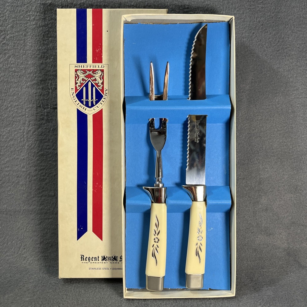 Regent Sheffield Stainless Steel Carving Knife and Fork Set England VTG New Box