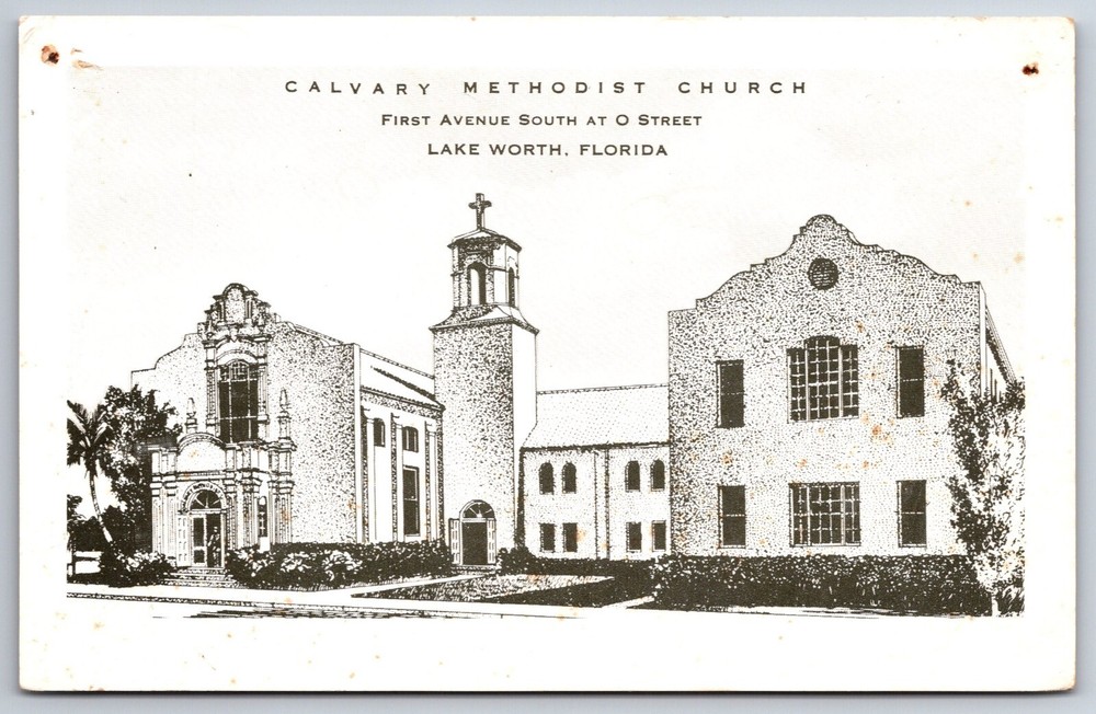 Sketches~Lake Worth Florida~Calvary Methodist Church Street View~Vtg Postcard