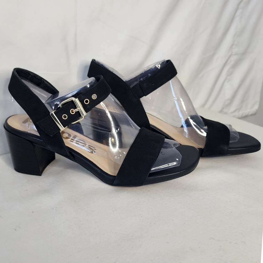 Hush Puppies Block Heel Sandals Black Suede Ankle Strap Gold Buckle Size 8