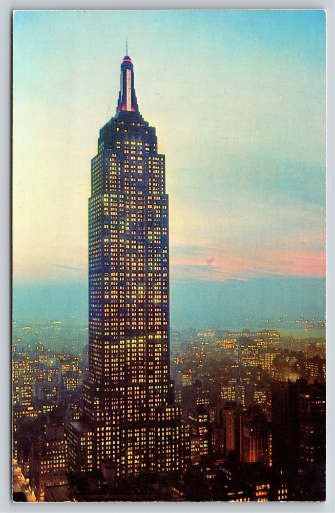 New York City~Air View Empire State Building At Night~Vintage Postcard