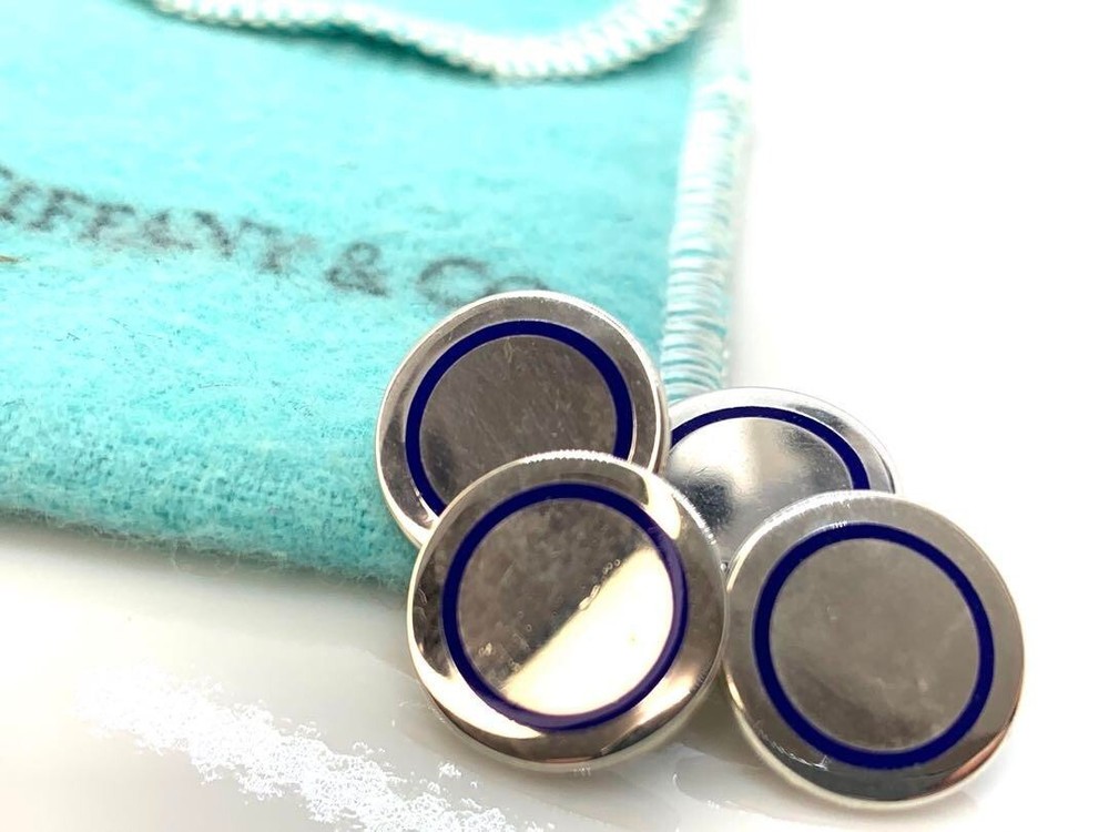 Tiffany & Co Sterling Silver 13mm Blue Enamel Cufflinks  