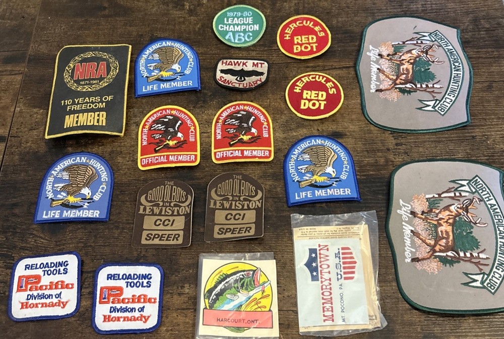 Big lot Of Vintage Hunting Fishing Shooting Reloading Patches & Stickers