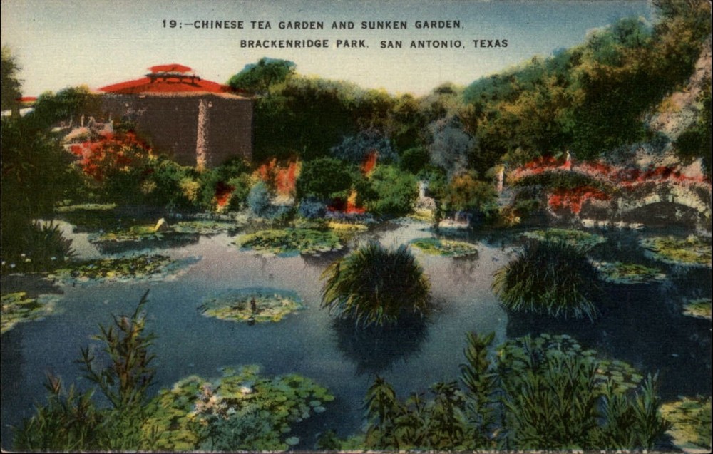 San Antonio Texas Chinese Tea Sunken Garden Brackenridge Park ~ 1940s linen