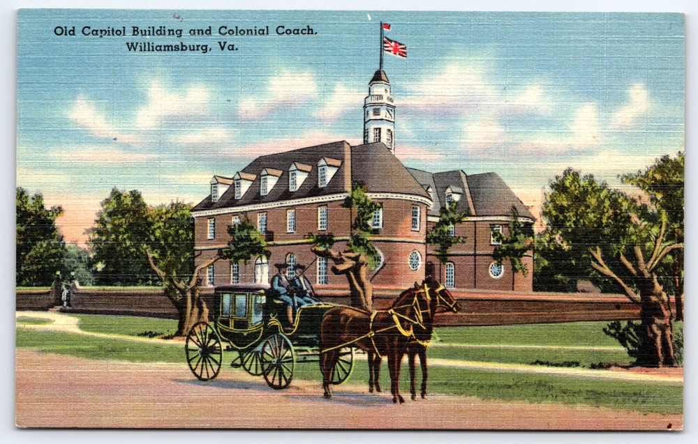 Williamsburg Virginia Old Capitol Building Colonial Coach Horse Vintage Postcard