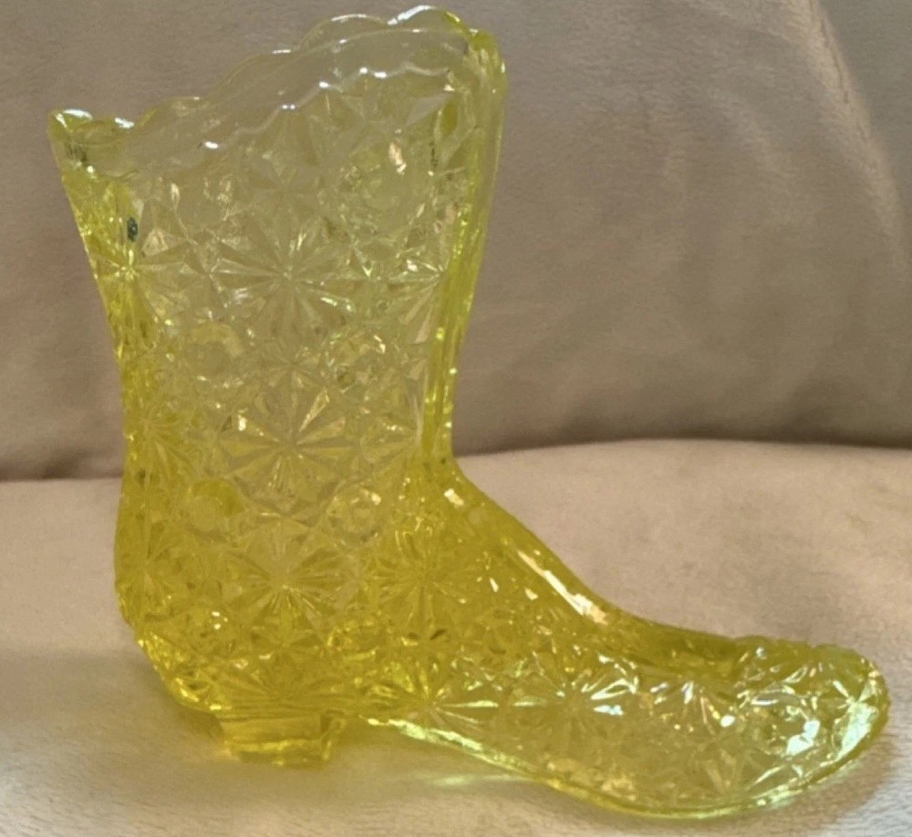 Fenton Uranium Yellow Glass Boot Vase Pressed Glass Glossy Finish 4.75 in Height