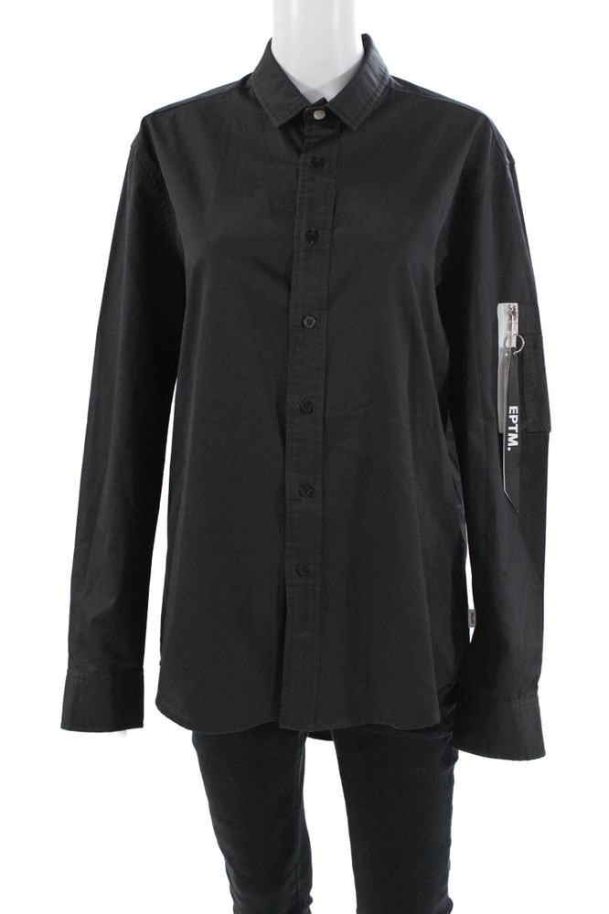 EPTM Womens Crew Neck Long Sleeves Button Down Shirt Black Cotton Size MediumFree Shipping in US $100+ Orders | $6.95 Orders Below