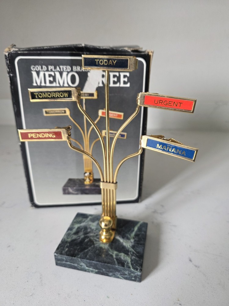 Vintage MCM NOS Gold Brass Desk Clip Note Letter Holder Stand Marble Base