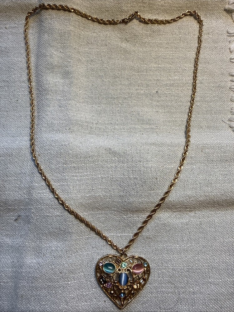 #5 Vintage Gold Tone Heart Pendant Necklace with Pastel Rhinestone Accents