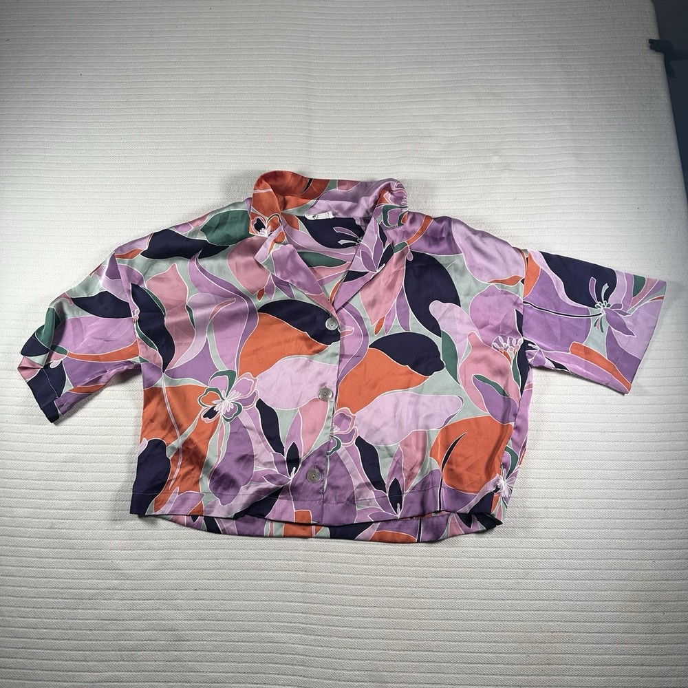MittiShop Women’s Size XL Floral Crop Top Button Front Short Sleeve Blouse