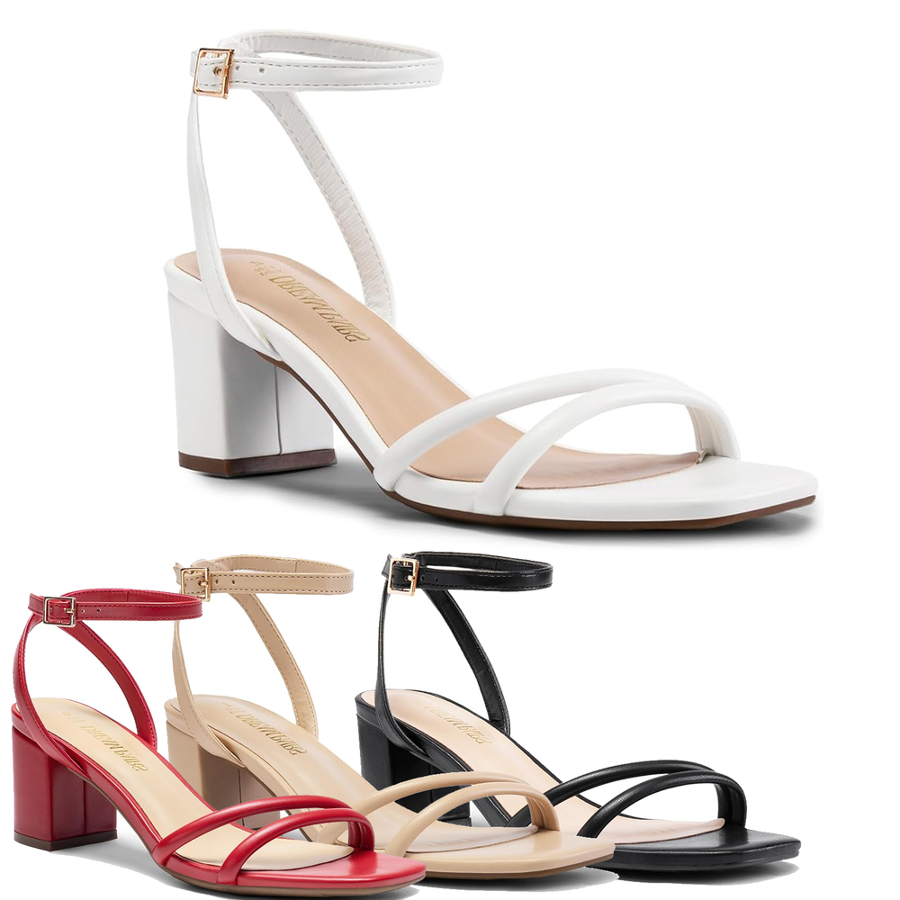 Women Ankle Strap Low Chunky Heel Square Open Toe Wedding Party Heel Sandals