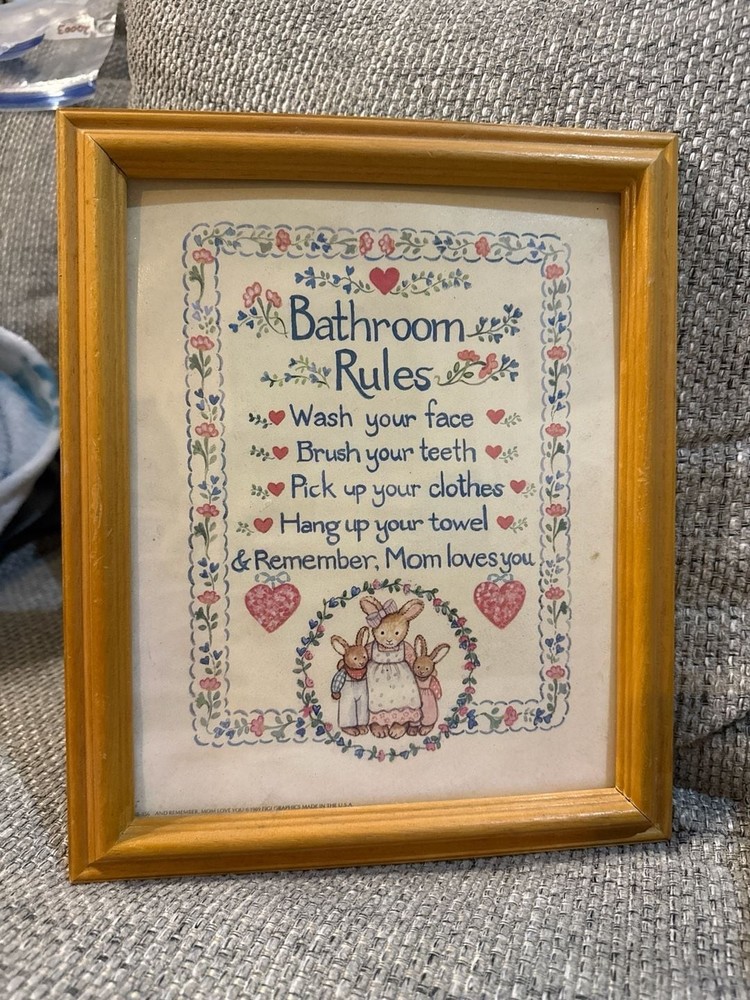 Vintage 1989 Figi Graphics Framed Bathroom Rules Bunny Wall Art Decor