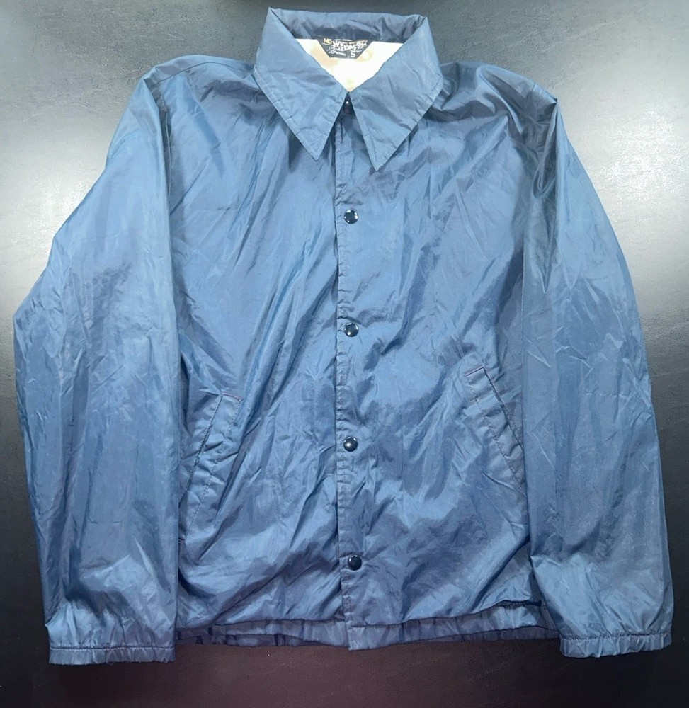 Vintage 70s Navy Blue Windbreaker Lightweight Snaps Coach Nylon Jacket Size S