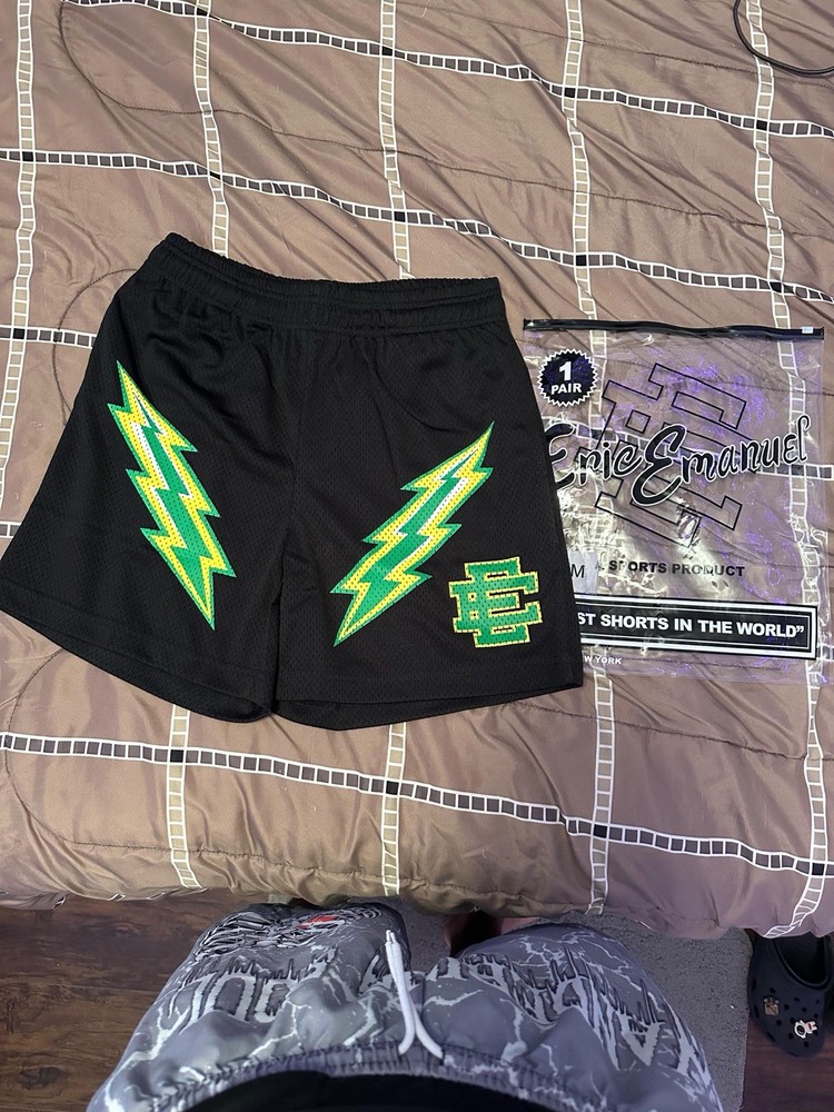 Eric Emanuel Men’s Black Mesh Athletic Shorts M Lightning Graphic Elastic Waist