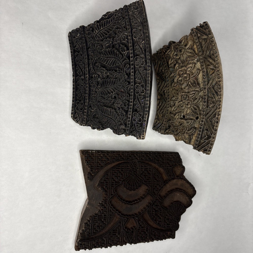 Antique Primitive Hand Carved Wood Floral Fabric Wallpaper Printing Block Stamps
