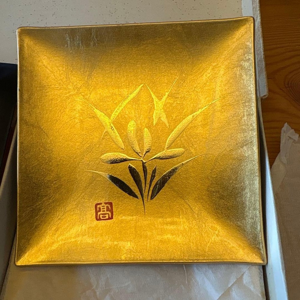 Golden Flower Pattern Lacquerware Plates Set 5pcs 11.5cm Near Mint