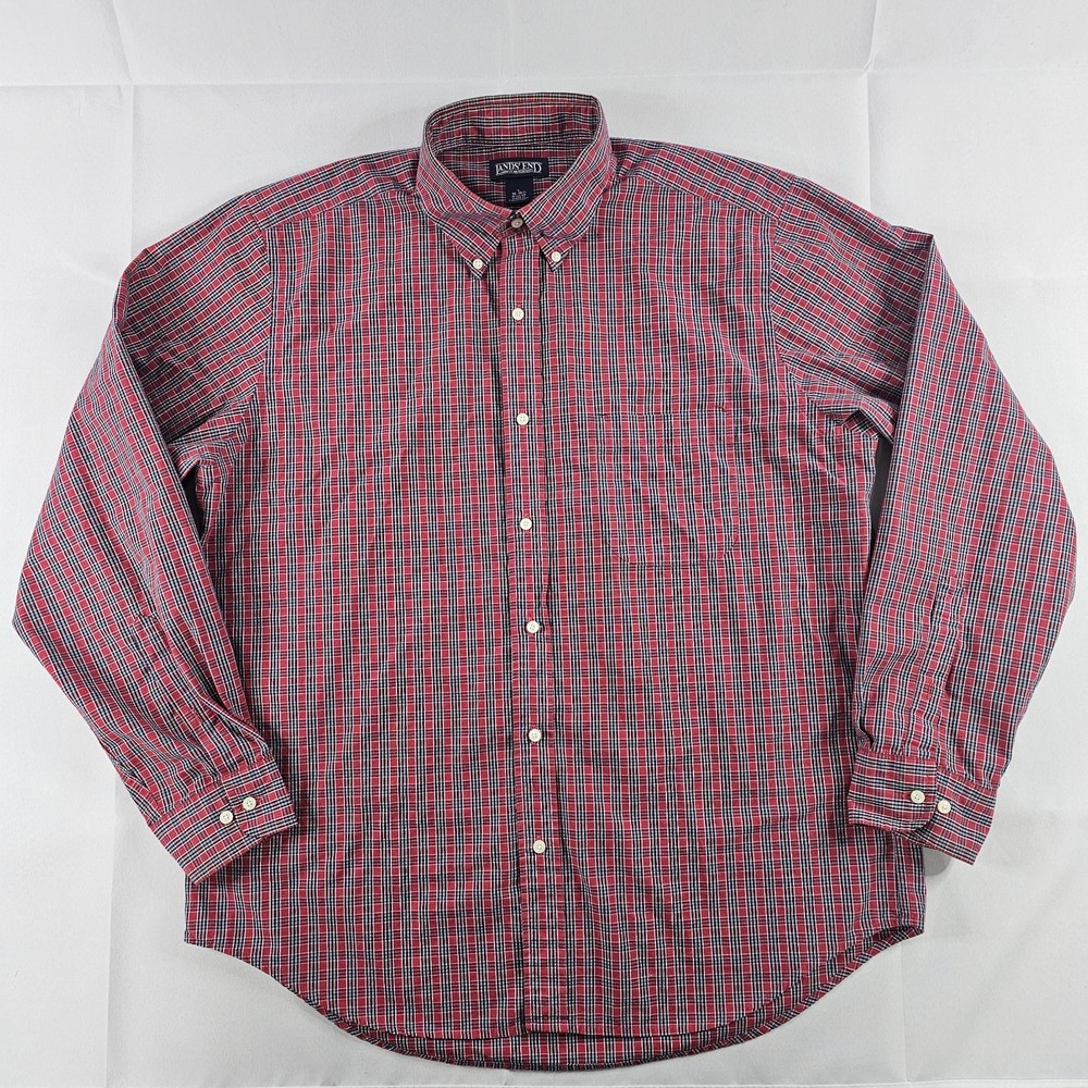 Lands End Button Up Shirt Mens Size Large 16-16.5 Red Green Long Sleeve READ⬇