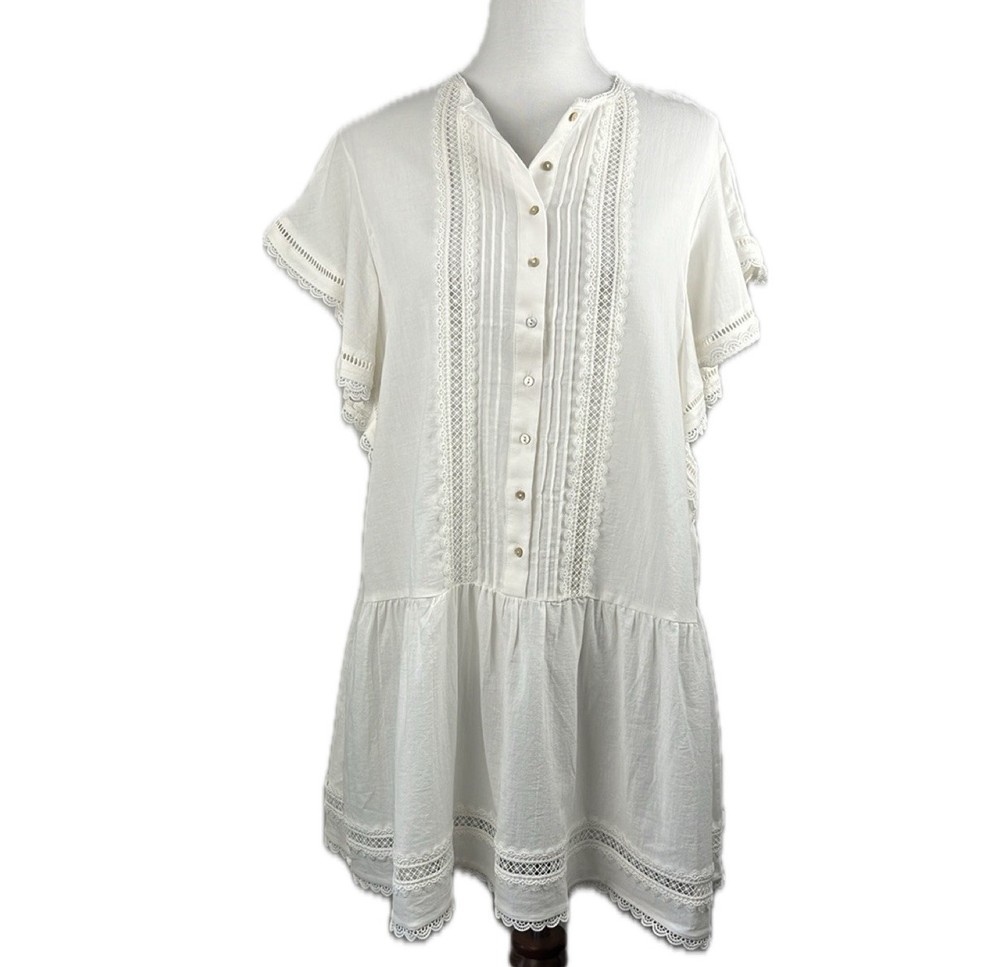 H&M Women’s Tunic Dress Size M Pintucks Lace Oversized Boho Prairie Cottagecore