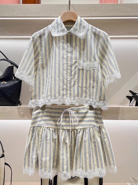Women Sandro Collared Lace Contrasting Striped Blouse Top / Mini Skirt