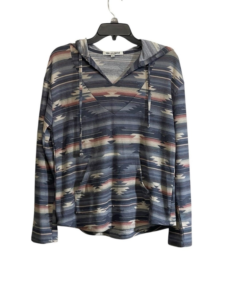 Wallflower Large Tribal Pullover Hoodie Front Pocket Aztec Southwestern Stretch