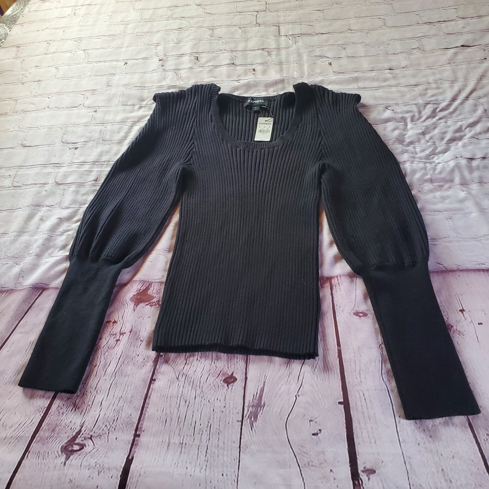 Express Long Sleeve Ribbed Black Top Puff Shoulder Pullover Fitted Size Large
