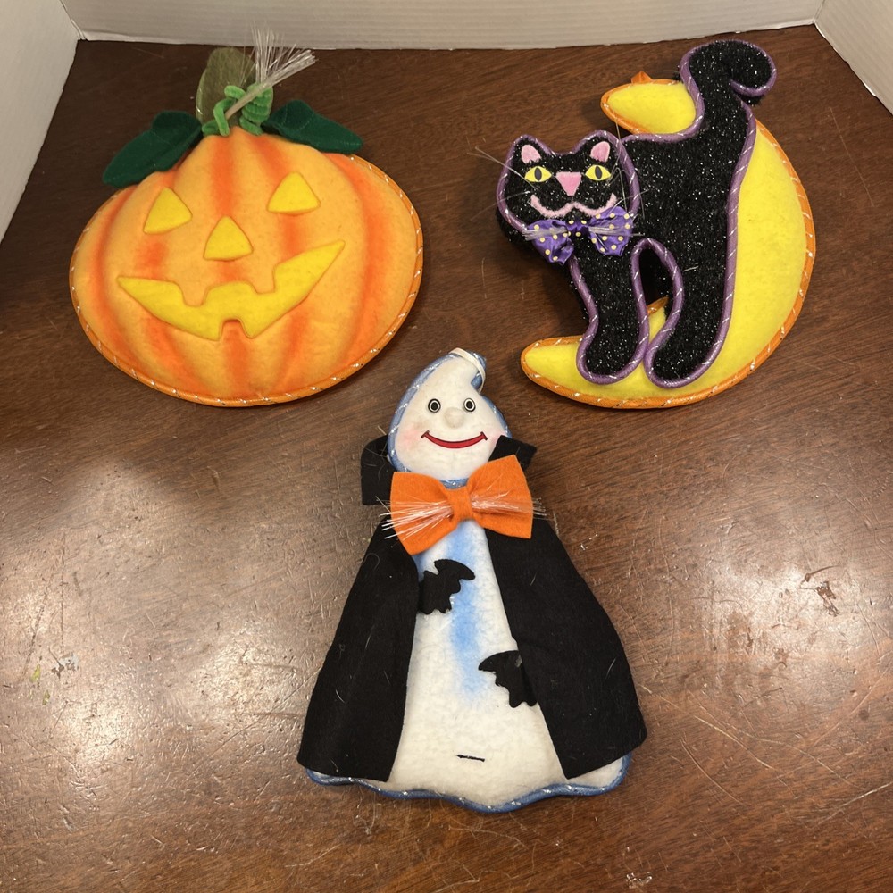 Vtg Avon Halloween Glowing Fiber Optic Pumpkin Ghost Cat Set of 3