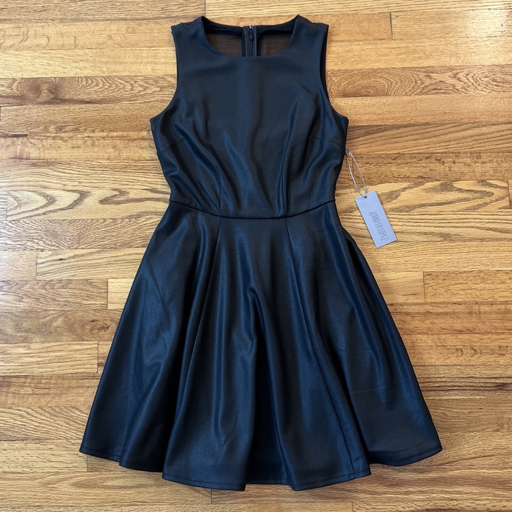 Jennifer Lopez Dress City Lights Sheath Black Sleeveless Faux Leather Sz 2