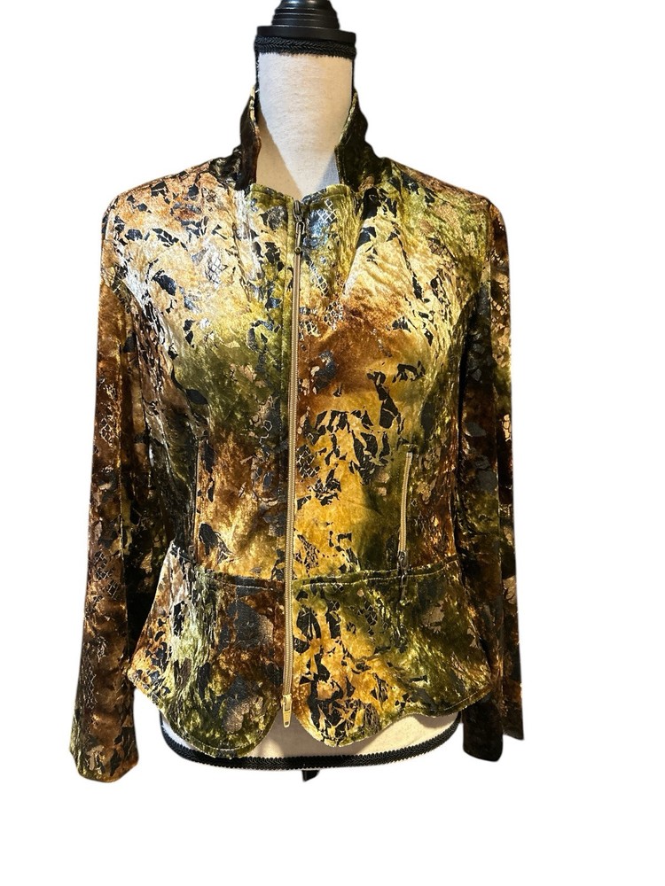 VTG Joseph Ribkoff Short Jacket Blazer Zip Brown Gold Velvet Animal Print Sz 12