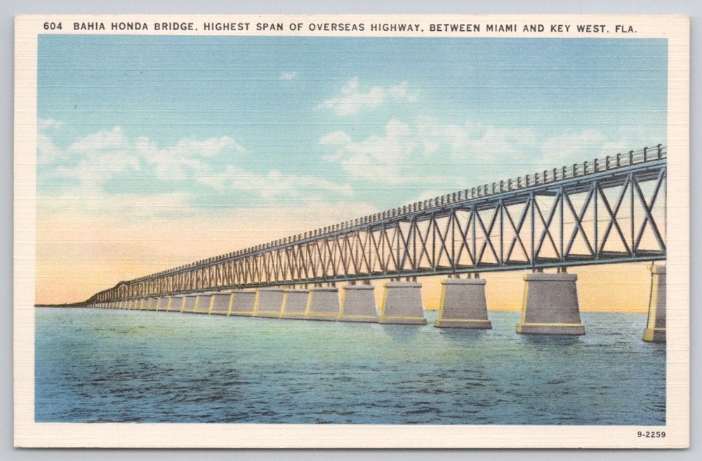 Bahia Honda Bridge Florida Keys Linen Postcard Overseas Highway Miami Key West